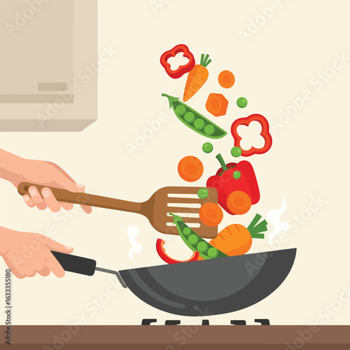Cooking Vegetables in a Wok with a Wooden Spatula Action
