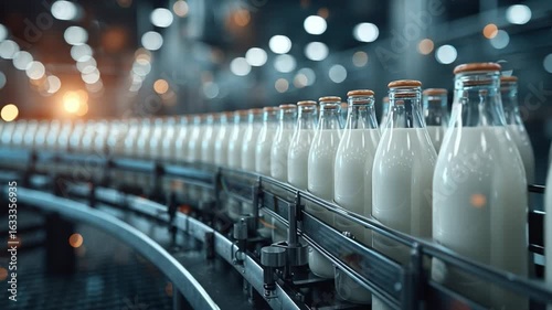A production line featuring glass milk bottles on a conveyor belt in a processing facility.