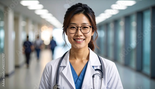 Free Download woman asian doctor wearing glasses smiling on hospital background - GFXLoad