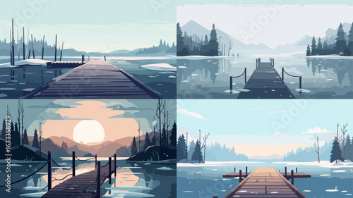 Collection of four serene winter lake scenes, each showcasing a wooden dock and frozen water.