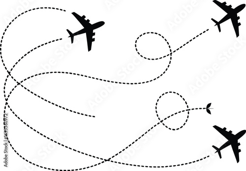 Airplane Routes Showing Flight Paths with Dotted Lines on a White Background Representing Travel and Transportation