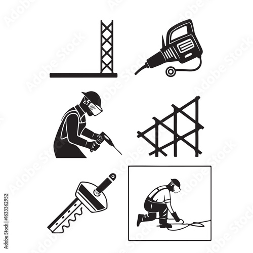 Collection of construction and industrial icons depicting a worker with a jackhammer a key and structural elements