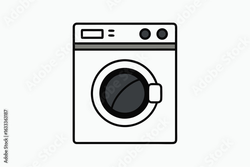 Front view of a white, isolated washing machine icon for laundry and household cleaning equipment
