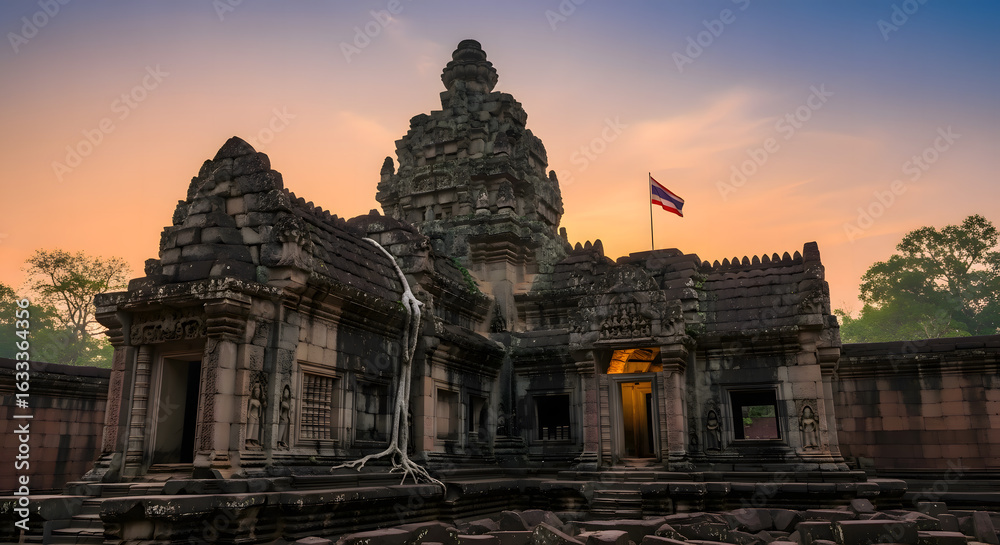 Fototapeta premium Ancient Temple at Sunset: A captivating view of an ancient temple illuminated by the warm hues of the setting sun, capturing the essence of heritage and culture.
