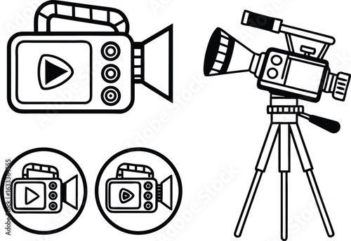 Black and White Camera Icon Set for Video Production and Filmmaking Applications Various Outlines Representing Film Industry