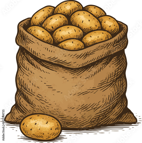 Illustrated Brown Sack Overflowing with Potatoes