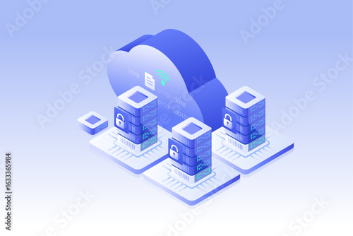 Cloud data center security isometric illustration, Cloud Computing server rack AI in Edge computing