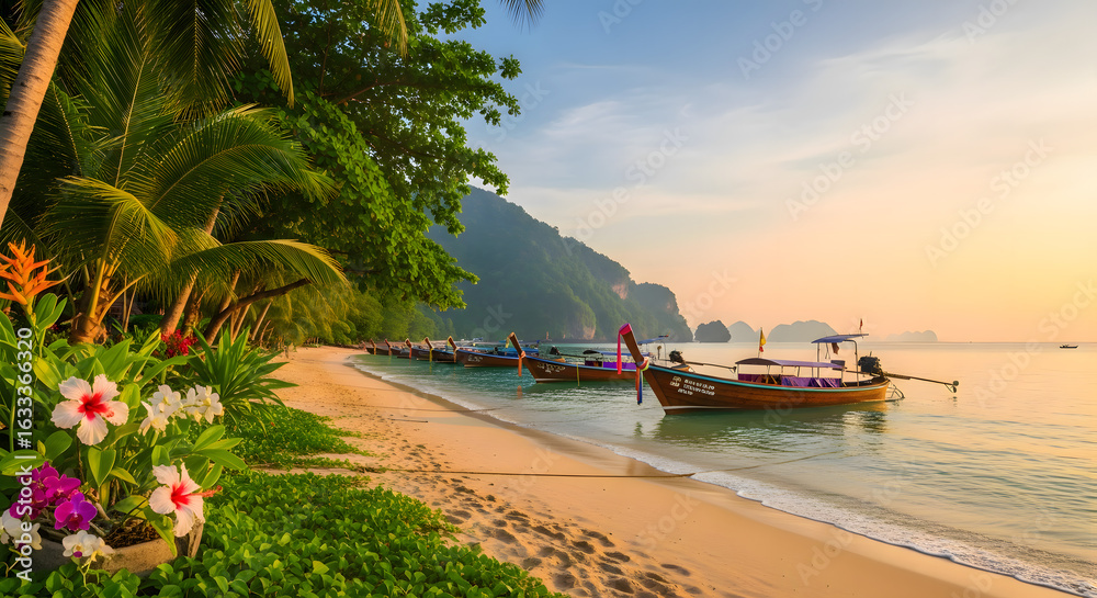 Fototapeta premium Paradise Beach at Dawn: A stunning panorama captures the pristine beauty of a tropical beach, where longtail boats gently bob on the calm turquoise sea.