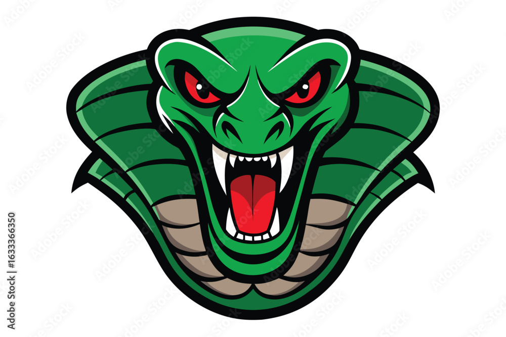 Obraz premium Aggressive Green Cobra Snake Head with Red Eyes and Open Mouth Illustration