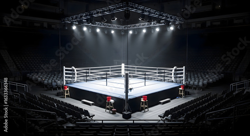 Boxing Ring Spotlight: A dramatic wide-angle view of an empty boxing ring in a darkened arena, illuminated by a circle of spotlights from above.