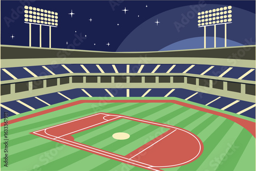 Baseball stadium at night with bright floodlights and starry sky vector