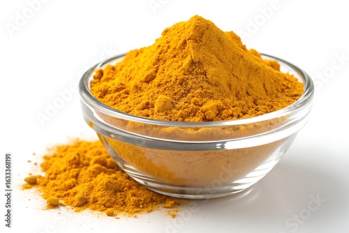 Fototapeta Naklejka Na Ścianę i Meble -  Glass Bowl Filled with Vibrant Yellow Turmeric Powder on White Background

