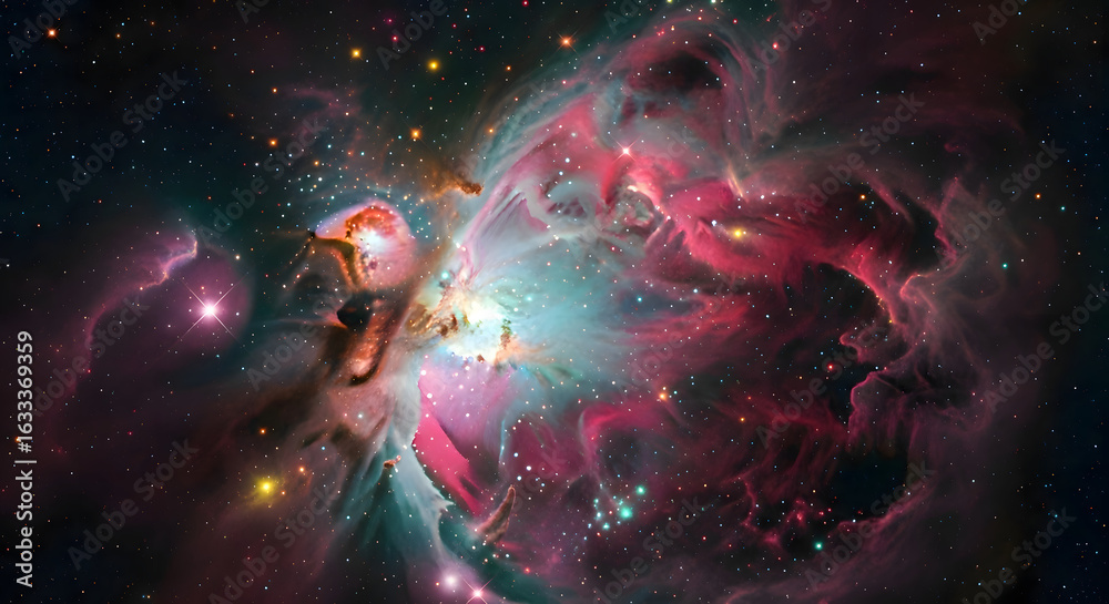 Obraz premium Cosmic Canvas: Captivating view of the vibrant Orion Nebula, an ethereal celestial masterpiece, shimmering with vibrant colors and cosmic dust.