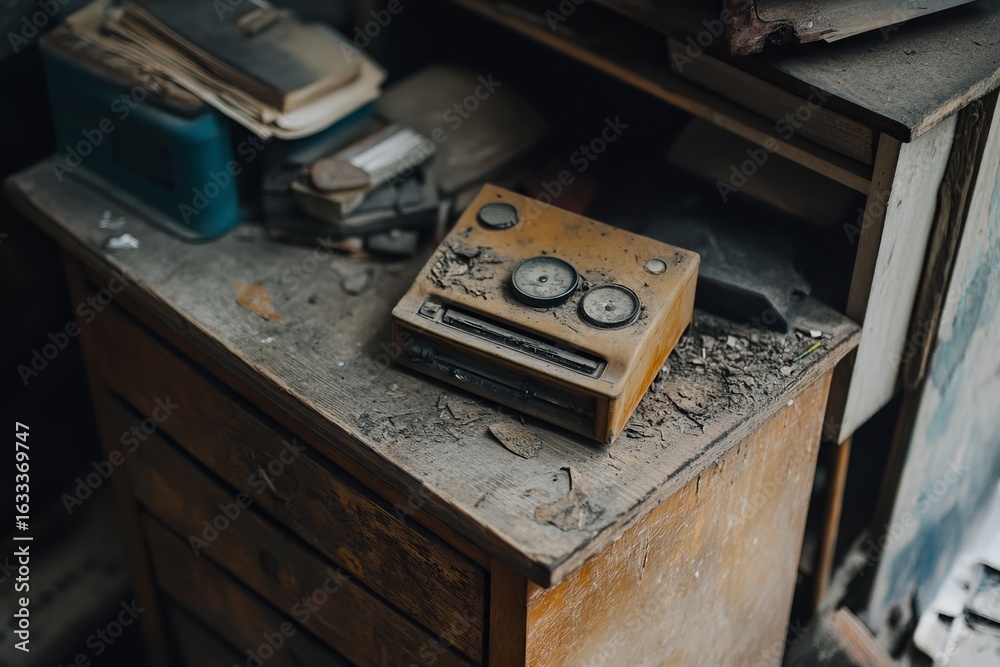 Fototapeta premium Dusty vintage radio on a cluttered, aged wooden desk