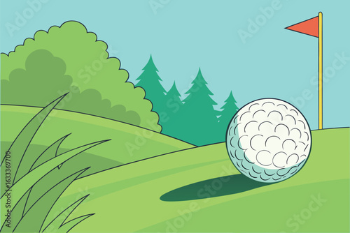 Golf ball on green grass near flag on sunny day with trees golfball sport