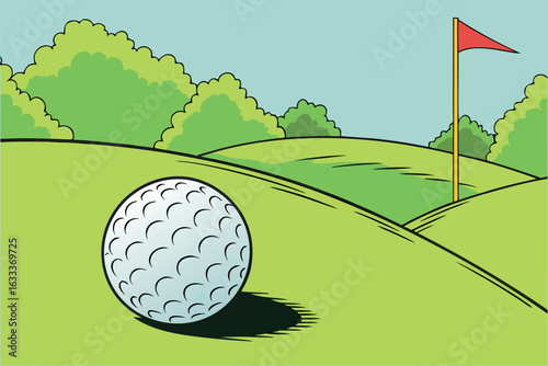 Golf ball on green grass with red flag and trees under blue sky sport game