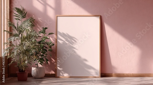 Empty frame in a pink room with plants. Sunlight casts shadows