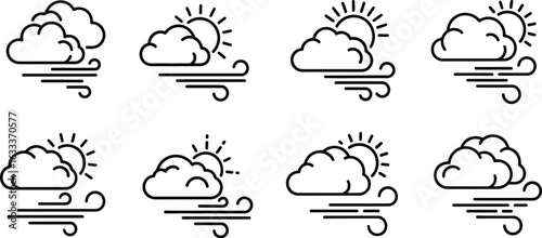 Vector art of set of minimalist weather icons featuring sun, cloud, and wind, perfect for weather forecasts and climate related designs in a clean style