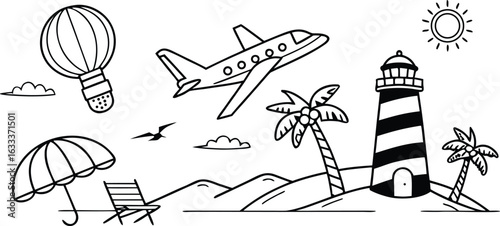 Black and white vector illustration of a summer beach scene with airplane and hot air balloon creating a travel vacation graphic