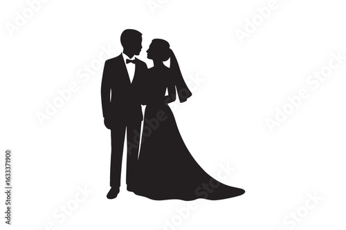 Bride and groom couple silhouette vector art illustration on white background