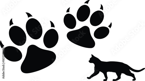 Black Cat Silhouette with Large Paw Prints Graphic Design Vector Illustration for Animal Lovers and Pet Shops
