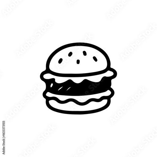 Simple black line icon of a hamburger with sesame bun and filling. Ideal for fast food, restaurant, snack, and meal concepts. Isolated vector illustration on white background