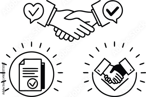 Business partnership agreement and successful negotiation confirmed with handshake and approved document icons a symbolic representation of trust and mutual benefits