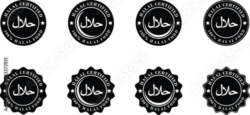 100% halal food certified icon set. Halal food symbol isolated on transparent background. Islamic stamp logo set, halal certified badge symbol design for product label sticker. Vector illustration.