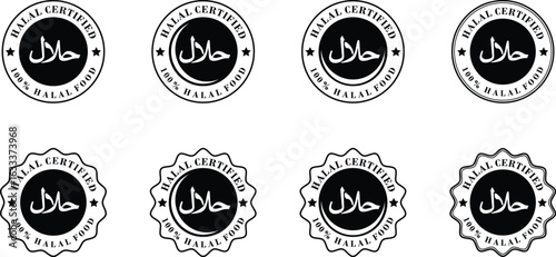 100% halal food certified icon set. Halal food symbol isolated on transparent background. Islamic stamp logo set, halal certified badge symbol design for product label sticker. Vector illustration.
