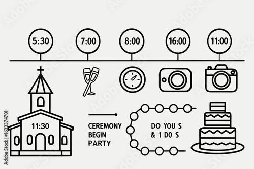 Wedding timeline with church champagne glasses camera clock and cake icons event schedule