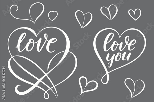 White calligraphy hearts with love and love you text on grey background vector