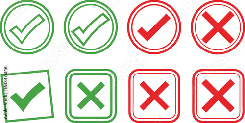 Check mark and X mark icons symbols green and red confirmation and rejection in different geometric shapes