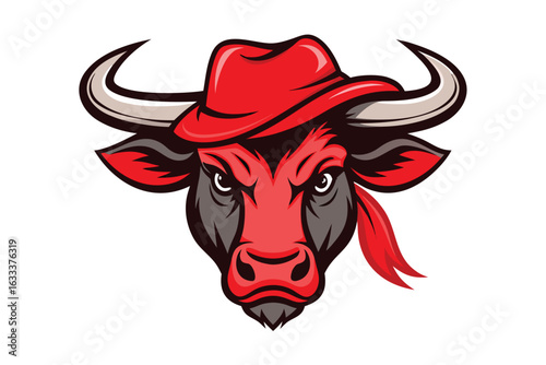 Cartoon Bull Head Illustration Wearing a Red Hat and Bandana with Intense Stare