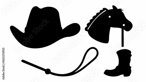 Black silhouette of a cowboy hat horse head stick horse whip and boot on a white background design