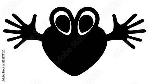 Black heart shaped figure with eyes and outstretched hands in a welcoming gesture on white background