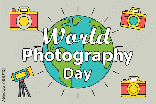 World Photography Day celebration with globe cameras and tripod vector