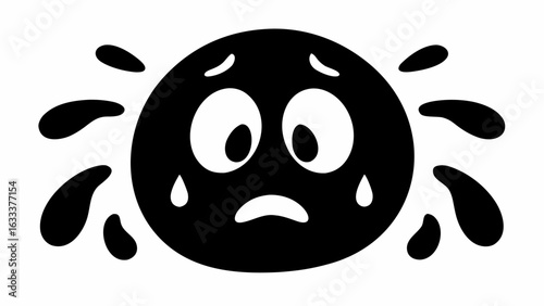A black and white illustration of a crying face with tears streaming down its face and eyes