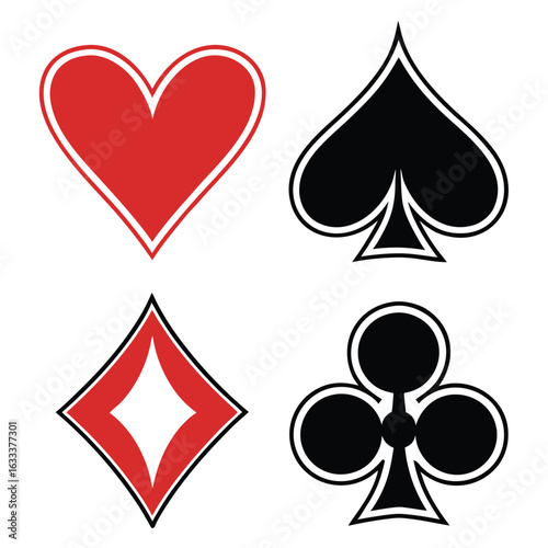 Classic Card Suits Heart Diamond Spade and Club Symbols for Games and Entertainment Red and Black Colors on White Background