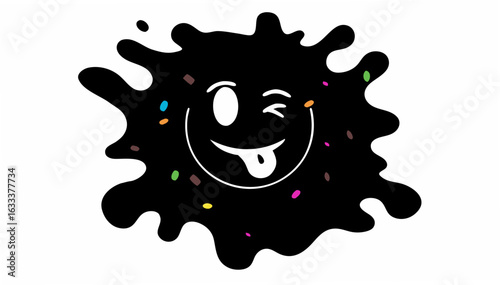 Black ink splatter with winking smiley face and colorful sprinkles on a white background design art