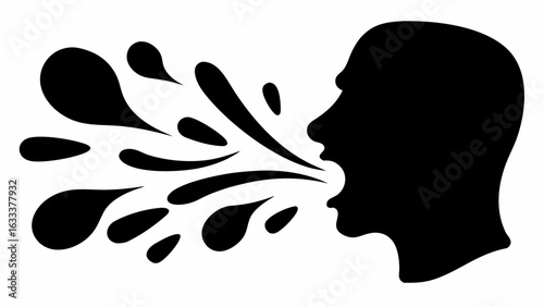 Silhouette of a human head with mouth open and droplets coming out representing speech or cough 100