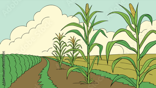 Illustration of corn field agriculture landscape with crops and sky for farming and harvest season