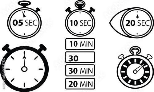 Collection of Black and White Timer and Clock Icons for Time Management and Urgency Concepts with Varying Time Intervals