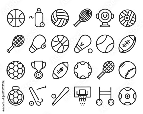 A comprehensive collection of three dimensional sports equipment symbols showcasing diverse athletic gear and accessories isolated on transparent background