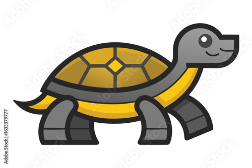 Cartoon of a Smiling Turtle with Yellow Shell and Gray Limbs