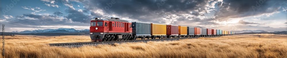 Naklejka premium Industrial Freight Train Transporting Containers Through Rural Landscape with Copy Space. Logistics and Shipping Industry Concept.