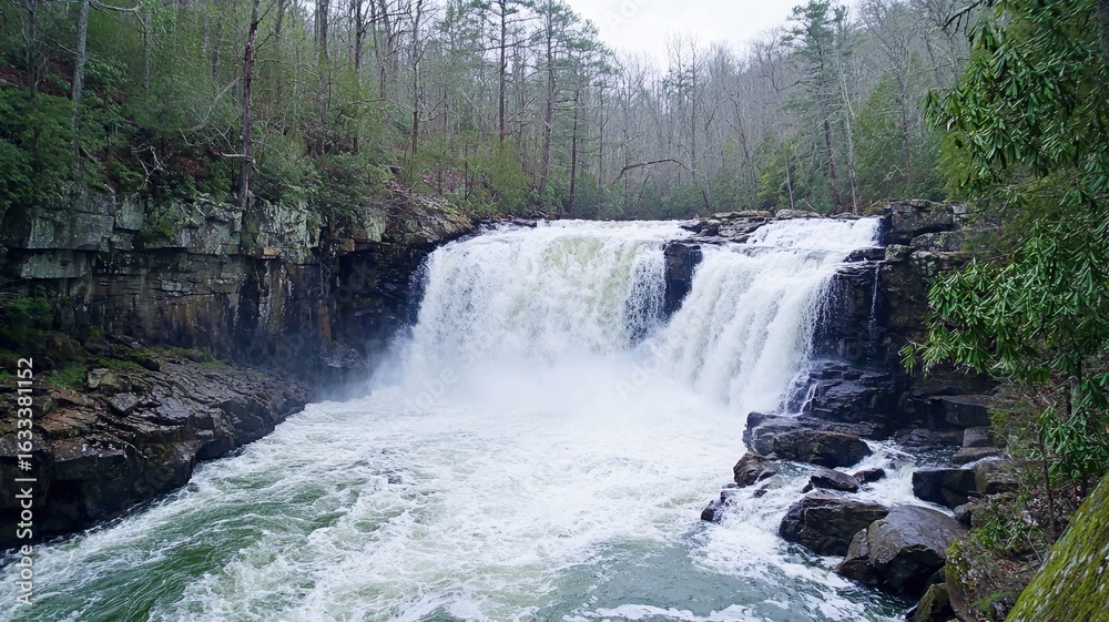 Obraz premium Powerful waterfall flowing through forest canyon