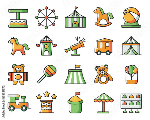 Collection of amusement park outline icons representing funfair and carnival attractions isolated on transparent background
