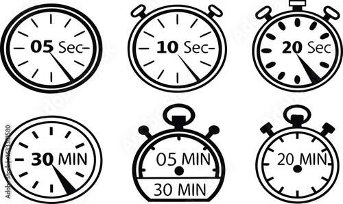 Collection of Different Stopwatch Icons with Varying Times for Applications and Design Projects Showcasing Timers and Timing