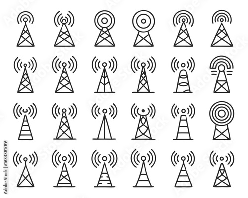 A collection of wireless radio communication antenna tower symbols representing signal transmission and broadcasting technology isolated on transparent background