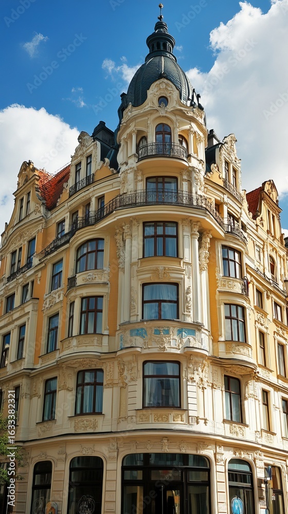 Fototapeta premium Ornate, pastel-yellow building with multiple levels, decorative details, and a cupola
